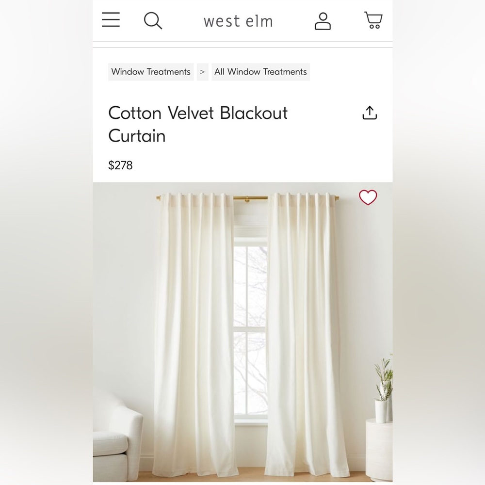 West Elm Cotton Velvet Curtain in Cream
